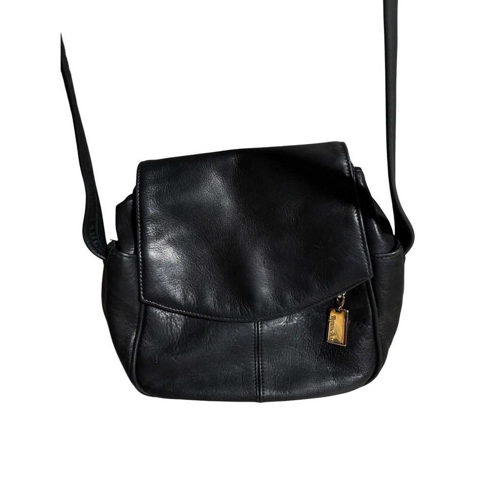 Tignanello Black Leather Crossbody Bag Flap Gold Hardware Purse Festival Whimsy